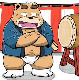 anthro asian_clothing black_nose brown_body clothing drum east_asian_clothing fundoshi happi_(clothing) japanese_clothing kemono male musical_instrument navel open_mouth overweight overweight_male percussion_instrument solo standing taiko_drum underwear white_clothing white_fundoshi white_underwear gatoggy bear mammal 2025 hi_res
