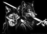 2015 anthro black_and_white blackteagan canid canine canis duo female fox male mammal melee_weapon monochrome sword weapon wolf