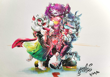 armor boots clothing eyewear footwear glasses group horn hug robe scarf shoes gingy_k_fox deltarune undertale_(series) kris_dreemurr ralsei soul_(deltarune) suzie_(deltarune) bovid caprine goat human mammal monster traditional_media_(artwork)