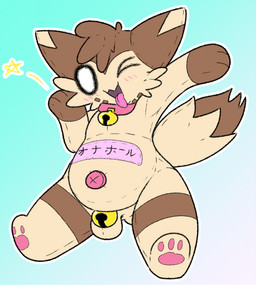 anthro balls bell bell_collar belly button_(fastener) chastity_cage chastity_cage_only chastity_device chastity_device_only collar genitals katakana male nude one_eye_closed plushie seam_(sewing) solo star tongue tongue_out wearing_chastity_cage wearing_chastity_device wink flowersunink nintendo pokemon animate_inanimate furret generation_2_pokemon living_plushie pokemon_(species)