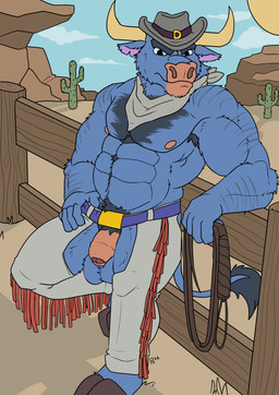 abs anthro arm_hair armpit_hair armpit_tuft aroused aroused_face aroused_male aroused_smile balls barazoku bedroom_eyes belly_hair belt biceps big_muscles big_pecs black_armpit_hair black_chest_hair black_pubes blue_belt blue_body blue_clothing blue_fur blue_sky body_hair cactus chaps chest_hair clothed clothing cloud cloudy_sky cowboy cowboy_hat cowboy_outfit desert fence fencepost flaccid flirting flirting_look flirting_with_viewer foreskin frown frowning_at_viewer fur furrowed_eyebrows genitals grey_chaps grey_clothing grey_hat grey_headwear grey_kerchief grey_neckerchief happy_trail hat headgear headwear hooves horn kerchief leaning leaning_backward leaning_on_fence looking_at_viewer male manly muscular muscular_anthro muscular_arms muscular_male muscular_thighs narrowed_eyes nature nature_background neckerchief neckwear nipples old_west outside pecs penis plant pose presenting presenting_body presenting_pecs presenting_penis pubes seducing_viewer seductive showing_off_muscles sky solo stern stern_look sun tail thick_arms thick_thighs topless topless_anthro topless_male wide_stance wild_west potheplatypus wild_west_c.o.w.-boys_of_moo_mesa the_dakota_dude bovid bovine cattle mammal 2026 absurd_res hi_res
