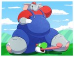 2023 anthro barefoot belly blue_clothing blue_overalls bodily_fluids clothed clothing cloud duo elephant elephant_mario elephantid facial_hair feet gloves grass green_yoshi hand_behind_head handwear hat headgear headwear hi_res long_tongue male mammal mario mario_bros mustache nintendo obese obese_anthro obese_male open_mouth outside overalls overweight overweight_anthro overweight_male plant proboscidean red_clothing red_hat red_headwear red_shirt red_topwear robthehoopedchipmunk shirt sitting sitting_on_another sky skyscape super_mario_bros_wonder sweat sweatdrop thick_thighs tongue tongue_out topwear trunk wide_eyed yoshi
