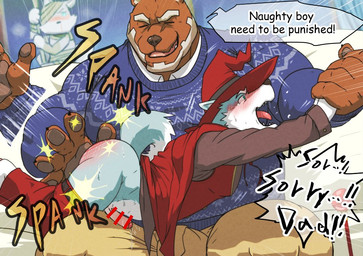 5_fingers afterimage age_difference anthro arm_grab bandaged_body beard blue_body blush bodily_fluids bottomwear bottomwear_down bulge butt butt_slap clothed clothing cosplay dialogue eyes_closed facial_hair fingers group handpaw hat headgear headwear male male/male on_lap one_eye_obstructed open_mouth open_smile pants pants_down partially_clothed paws punishment red_bottomwear red_clothing red_pants reddened_butt robe shirt sitting size_difference slap smile spanking standing sweat sweater text topwear trio white_beard white_body white_facial_hair wizard_hat yelling yellow_bottomwear yellow_clothing yellow_pants inui_j_isohata bear canid canine canis mammal wolf english_text