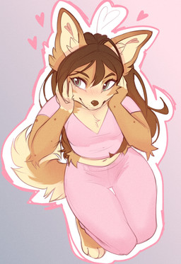 4_toes 5_fingers anthro biped bottomwear breasts brown_body brown_fur brown_hair brown_tail clothed clothed_anthro clothed_female clothing countershade_torso countershading feet female fingers front_view fully_clothed fully_clothed_anthro fully_clothed_female fur green_eyes hair inner_ear_fluff navel simple_background smile solo tail toes topwear tuft yshanii cotton_(yshanii) canid canine canis dingo mammal 2026 digital_drawing_(artwork) digital_media_(artwork) hi_res