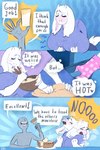 absurd_res anthro baking big_breasts blush boss_monster_(undertale) bottomwear bovid breasts caprine clothed clothing comic darkriallet dialogue duo english_text eyebrows eyelashes eyes_closed female fingers floppy_ears fur heart_symbol hi_res holding_breast huge_breasts human long_ears male mammal mature_anthro mature_female milk motion_lines pants shirt speech_bubble tail text thought_bubble topwear toriel undertale_(series) white_body white_fur white_tail