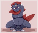 anthro balls belly big_balls border crouching fangs foreskin genitals male moobs overweight overweight_male penis pink_border presenting presenting_penis slightly_chubby slightly_chubby_male small_penis smug solo teeth thick_thighs pencilpiper nintendo pokemon generation_4_pokemon humanoid pokemon_(species) weavile 2021 hi_res