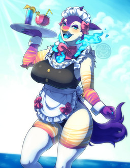 accessory anthro anthrofied apron big_breasts blue_eyes blue_flames blue_nails blue_sky blue_tongue bow_ribbon breasts clothing colored_nails container cuff_(restraint) cup drinking_glass female fire flaming_hair flaming_mane frilly frilly_accessory frilly_clothing frilly_hairband fur glass glass_container glass_cup hair_accessory hairband legwear looking_at_viewer nails neck_bow nipple_outline outdoor_background outside pokemorph pose pseudo_hair pseudo_mane purple_body purple_fur restraints ruffled_swimsuit serving_tray sky smile solo swimwear thick_thighs thigh_highs tongue water wide_hips wrist_cuffs dalipuff nintendo pokemon generation_8_pokemon hisuian_form hisuian_typhlosion pokemon_(species) regional_form_(pokemon) digital_media_(artwork) hi_res pinup