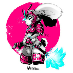 anthro armor blue_eyes cleaning_tool feather_duster fur grey_body grey_fur male samurai_armor scut_tail short_tail slightly_chubby slightly_chubby_male solo tail kiaun lagomorph leporid mammal rabbit 1:1 hi_res