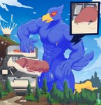 blue_body bodily_fluids cum cum_inside cum_on_ground erection excessive_cum excessive_genital_fluids flooding genital_fluids genitals macro male mountain muscular muscular_male orgasm penetration penile penis penis_milking scientist solo_focus tunnel worship arexualex nintendo star_fox falco_lombardi avian bird hi_res