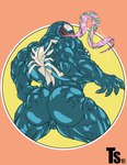 balls big_butt big_muscles bodily_fluids butt emblem empty_eyes genitals long_tongue male muscular muscular_male not_furry rear_view saliva sharp_teeth smile solo teeth tongue tongue_out tylerstark marvel venom_(marvel) alien alien_humanoid humanoid symbiote digital_media_(artwork) hi_res