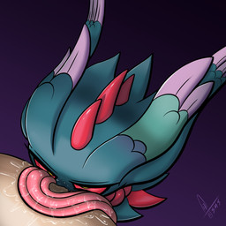 bodily_fluids deep_throat duo eyelashes female front_view green_body interspecies long_tongue male male/female oral oral_penetration penetration purple_background red_sclera red_spikes saliva simple_background spikes spikes_(anatomy) tan_body tan_skin tongue tongue_out yellow_eyes supermoonshroom nintendo pokemon ancient_pokemon flutter_mane generation_9_pokemon human mammal paradox_pokemon pokemon_(species) 1:1 absurd_res hi_res