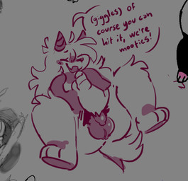 anthro balls biped butt butt_from_the_front clothing cute_fangs dialogue exclamation_point eyes_closed fangs flaccid floppy_ears genitals giggle giggling hair horn lying on_back open_mouth penis pubes shirt solo speech_bubble tail teeth topwear pinkshinyhorns nier_(pinkshinyhorns) bovid caprine goat mammal digital_media_(artwork) drawpile_(artwork) trans_(lore) trans_woman_(lore)