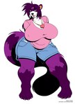 anthro belly big_breasts bottomwear breasts clothing female fur heart_symbol huge_breasts jewelry multicolored_body multicolored_fur necklace nipple_outline open_mouth purple_body purple_eyes purple_fur shirt shorts slightly_chubby slightly_chubby_anthro slightly_chubby_female solo text thick_thighs topwear two_tone_body two_tone_fur white_body white_fur wide_hips deonwolf shina_(daigo) mammal procyonid raccoon 2009 digital_media_(artwork) english_text hi_res