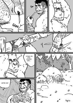 armpit_hair body_hair dialogue duo flaccid foreskin genitals hairy knife male male/male muscular nipples nude penis snow text husky92 european_mythology greek_mythology mythology bovid bovine humanoid mammal minotaur orc comic english_text hi_res monochrome multiple_scenes