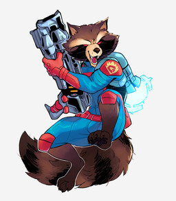 anthro brown_body brown_fur fangs fur gun jet_pack male open_mouth ranged_weapon red_eyes solo teeth weapon its_stardog guardians_of_the_galaxy marvel rocket_raccoon mammal procyonid raccoon absurd_res hi_res