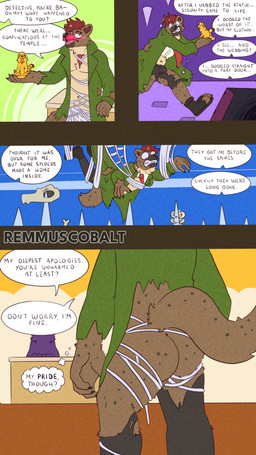adventure anthro blush butt clothed clothing coat detective duo embarrassed exposed humiliation male nude partially_clothed pit solo tail topwear torn_clothing undressing remmus_cobalt felid gnoll hyena mammal pantherine tiger absurd_res comic hi_res