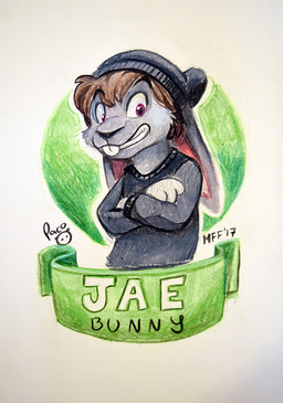 anthro black_clothing black_hat black_headwear brown_hair clothed clothing crossed_arms fur glistening glistening_eyes grey_body grey_fur grin hair hat headgear headwear logo looking_at_viewer male male_anthro red_eyes short_hair simple_background smile solo young young_anthro young_male pandapaco lagomorph leporid mammal rabbit 2017 artist_logo dated signature
