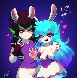5_fingers anthro arm_around_partner arms_bent bangs belt black_clothing black_fingerless_gloves black_gloves black_hair black_handwear black_jacket black_topwear blue_background blue_eyes blue_hair blush bottomless bottomless_anthro bottomless_female breasts cheek_markings cleavage closed_frown clothed clothed_anthro clothed_female clothing dress duo eyebrows eyelashes facial_markings fangs featureless_crotch female female/female female_anthro fingerless_gloves fingers frown frowning_at_viewer fur furrowed_eyebrows gesture gloves green_belt green_eyebrows green_hair hair half-closed_eyes hand_gesture hand_on_arm hand_pawpads handwear head_markings heart_(marking) heart_symbol hearts_around_head host ily_sign jacket kiss_mark_on_face light lips long_ears long_eyelashes long_hair markings medium_breasts mouth_closed multicolored_body multicolored_hair narrowed_eyes noseless open_belt open_clothing open_jacket open_topwear pawpads pink_markings purple_clothing purple_dress purple_eyelids purple_eyes purple_hair purple_shirt purple_topwear shirt short_hair simple_background smile spiky_hair standing tan_body tan_inner_ear tan_lips tan_pawpads tan_skin teeth text thick_eyebrows thick_thighs topwear torn_clothing torn_shirt torn_topwear two_tone_body two_tone_hair white_body white_fur gloom_arts mario_bros mario_plus_rabbids_sparks_of_hope nintendo raving_rabbids rayman_(series) ubisoft edge_(mario_plus_rabbids) midnite_(mario_plus_rabbids) spark_hunter ghost hybrid lagomorph mammal rabbid spirit 2022 character_name colored crossover digital_drawing_(artwork) digital_media_(artwork) english_description english_text hi_res lighting shaded