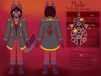 anthro clothed clothed_male clothing color_swatch male red_clothing solo text white_sclera yellow_eyes cmaster1987 master_(cmaster1987) canid canine canis domestic_cat felid feline felis hybrid mammal wolf hi_res model_sheet spanish_description spanish_text