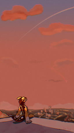 aircraft airplane anthro biped black_body black_nose brown_body building city city_background cityscape cloud day detailed_background fingers light long_tail looking_up male markings mountain multicolored_body nude on_rock on_roof orange_body outside paws rear_view red_body red_markings rock sitting sky solo spots spotted_body sunset tail tail_markings three-quarter_view vehicle white_body yellow_body zerbug mythology molohrum hybrid mythological_creature mythological_scalie reptile scalie snake 9:16 detailed digital_drawing_(artwork) digital_media_(artwork) hi_res shaded
