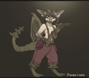 5_fingers anthro biped bottomwear claws clothed clothed_anthro clothed_female clothing feet female fingers front_view grey_hair gun hair holding_gun holding_object holding_ranged_weapon holding_weapon horn looking_at_viewer pants ranged_weapon simple_background standing tail toe_claws toes weapon wings discreet_user deadlock_(game) valve valve_corporation ivy_(deadlock) gargoyle hi_res