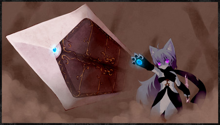 4_fingers anthro biped black_clothing black_scarf border clothed clothing convincing_weapon dagger featureless_crotch female fingers fur glowing glowing_eyes grey_body grey_fur grey_hair hair holding_melee_weapon holding_object holding_sword holding_weapon inner_ear_fluff kemono magic magic_user melee_weapon purple_eyes scarf semi-anthro simple_background skimpy solo standing sword tuft warrior weapon wkar domestic_cat felid feline felis mammal 2010