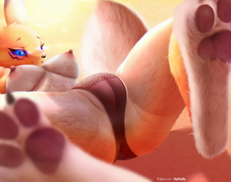 anthro areola big_tail blue_eyes breasts camel_toe claws eyebrows fat_mons female fluffy fluffy_tail fur genitals looking_at_viewer lying medium_breasts multicolored_body nipples on_back pawpads pink_areola pink_nipples plump_labia presenting presenting_camel_toe simple_background solo spread_legs spreading tail text two_tone_body vulva white_body white_fur yellow_body yellow_fur v-tal bandai_namco digimon patreon digimon_(species) renamon artist_name