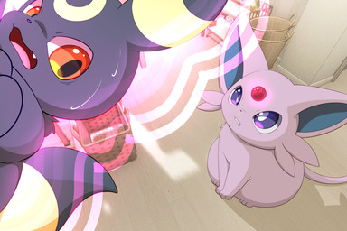 ambiguous_gender black_body black_fur bodily_fluids clenched_teeth duo fangs feral fur kemono levitation open_mouth orange_eyes pink_body pink_fur sitting sitting_on_ground sweat teeth telekinesis hirochanu nintendo pokemon eeveelution espeon generation_2_pokemon pokemon_(species) umbreon 2026 3:2 hi_res