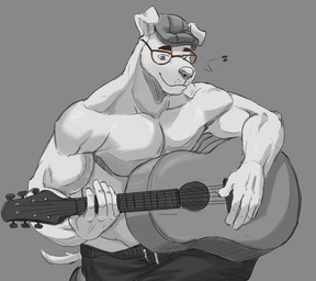 acoustic_guitar anthro big_muscles clothed clothing eyewear flat_cap glasses guitar hat headgear headwear male muscular musical_instrument playing_guitar playing_music plucked_string_instrument simple_background solo string_instrument topless topless_anthro topless_male wearing_glasses soliscanis animal_crossing nintendo k.k._slider canid canine canis domestic_dog hunting_dog jack_russell_terrier mammal terrier hi_res monochrome