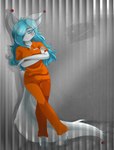 anthro blue_hair blue_nose bottomwear breasts cheek_markings clothed clothing crossed_arms eye_bags facial_markings female footwear fur hair hair_over_eye head_markings jail_bars markings one_eye_obstructed orange_bottomwear orange_clothing orange_pants orange_shirt orange_topwear pants plantigrade prison prison_cell prison_uniform prisoner shadow shirt solo topwear white_body white_clothing white_footwear white_fur catgirls_on_the_loose valdroxx_studios zafiro_(cristali) arctic_wolf canid canine canis mammal wolf hi_res