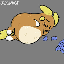 ambiguous_gender belly big_belly candy_wrapper ears_back feral fur lying on_side orange_body orange_fur overweight pivoted_ears solo tail lspagf nintendo pokemon alolan_form alolan_raichu generation_7_pokemon mammal pokemon_(species) regional_form_(pokemon) rodent 1:1 absurd_res hi_res