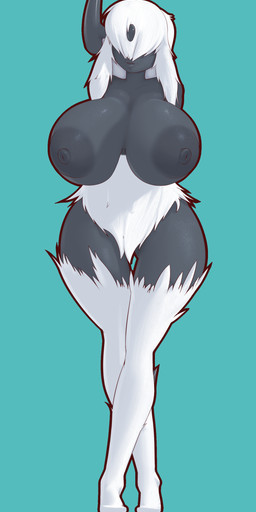 anthro anthrofied areola big_areola big_breasts big_nipples black_body black_nipples blue_background breasts female hair hair_over_eyes huge_areola huge_breasts huge_nipples nipples nude pokemorph simple_background solo thigh_gap white_hair dibujosv12 nintendo pokemon absol canid generation_3_pokemon mammal pokemon_(species) 2021 absurd_res character_request digital_media_(artwork) hi_res