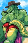 anthro back_muscles barazoku beach beverage big_tail clothing cowboy_hat genitals green_body hat headgear headwear male muscular muscular_anthro muscular_male penis penis_poking_out solo tail lilshark alligator alligatorid crocodile crocodilian reptile scalie hi_res