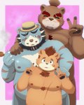 anthro blue_body brown_body clothing eyes_closed group hat headgear headwear kemono male male/male moobs nipples overweight overweight_male scar young inugamihito tamacolle monjuro_(tamacolle) oosumi_(tamacolle) bear mammal 2024 absurd_res hi_res