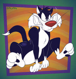 3_toes 4_fingers abstract_background all_fours anthro arched_back arched_soles barely_visible_butt belly bent_legs big_butt biped black_body black_eyes black_fur black_pawpads bubble_butt butt cheek_tuft chest_tuft clenched_teeth curling_tail curling_toes curvy_figure determined dipstick_tail facial_tuft fangs feet fingers fur glistening glistening_butt gloves_(marking) head_tuft humanoid_hands humanoid_heel knees_up leg_markings lines_drawn male markings mischievous mischievous_smile nude open_mouth pawpads plantigrade pose raised_tail red_nose ringed_background running running_on_all_fours sharp_teeth slightly_chubby slightly_chubby_anthro slightly_chubby_male smug smug_expression smug_face socks_(marking) soles solo spiral_background tail tail_markings teeth toes toony toothy_grin tuft whisker_spots whiskers white_belly white_body white_feet white_fur white_hands white_sclera white_tail_tip wide_hips gavanzude looney_tunes warner_brothers sylvester_(looney_tunes) domestic_cat felid feline felis mammal tuxedo_cat 2026 alternate_version_at_paywall colored digital_drawing_(artwork) digital_media_(artwork) flat_colors hi_res pinup signature
