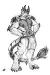 abs anthro biceps biped bottomwear clothed clothing fur loincloth male markings muscular muscular_anthro muscular_male nipple_piercing nipples pecs piercing pose solo standing stripes topless thumbclawz scesmoon 2007 2:3 sketch