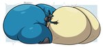 2024 anthro big_breasts big_butt black_inner_ear blue_background blue_body blue_butt blue_ears boing border breast_expansion breast_squish breasts butt butt_expansion cel_shading colored curvy_figure digital_media_(artwork) expansion female generation_4_pokemon hand_on_breast hand_on_own_breast hi_res hourglass_expansion hourglass_figure huge_breasts huge_butt huge_thighs hyper hyper_breasts hyper_butt hyper_thighs kneeling lucario motion_lines nintendo onomatopoeia pokemon pokemon_(species) puffylover1 red_eyes shaded sharp_teeth side_view simple_background smile smug snaggle_tooth solo sound_effects spikes spikes_(anatomy) squish swelling tan_body tan_breasts teeth text thick_thighs white_border wobble