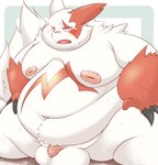 anthro balls belly big_belly blush genitals kemono male markings moobs navel nipples obese obese_male overweight overweight_male penis red_body red_markings sitting solo white_body hamatnk nintendo pokemon generation_3_pokemon pokemon_(species) zangoose 2022 hi_res