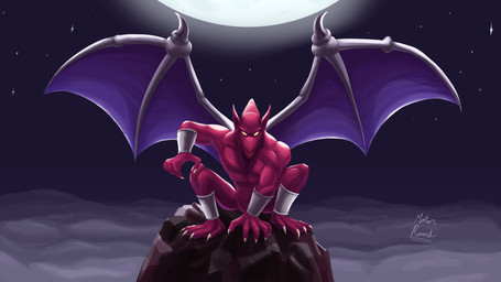 anklet anthro bracelet featureless_chest featureless_crotch glowing glowing_eyes humanoid_pointy_ears jewelry male membrane_(anatomy) membranous_wings moon night nude pointy_ears red_body solo star wings motorroach capcom demon's_crest gargoyle's_quest ghosts_'n_goblins firebrand demon gargoyle red_arremer hi_res