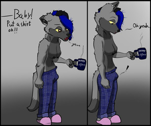 anthro blue_hair brown_eyes bulge clothed clothing coffee_mug dialogue erection erection_under_clothing footwear fur grey_body grey_fur gynomorph hair intersex pajamas plaid shoes simple_background slippers solo text topless yellow_sclera weenpeen aurelia_(weenpeen) canid canine canis mammal wolf comic english_text trans_(lore) trans_woman_(lore)