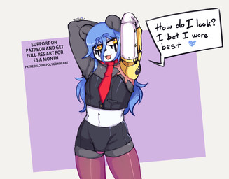 anthro blue_hair clothed clothing crossdressing cybernetic_arm cybernetic_limb disability femboy hair heart_symbol legwear male prosthetic prosthetic_arm prosthetic_limb scar solo standing stockings text thigh_highs polygonheart ming_yao_(thepolygonheart) bear giant_panda mammal english_text url