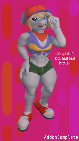 abstract_background anthro baseball_cap black_sclera blonde_hair blue_eyes bottomwear clothed clothing crop_top dialogue femboy footwear green_bottomwear green_clothing green_shorts hair hand_on_hip hand_on_own_hip hat headgear headwear male midriff panties pattern_clothing pattern_topwear pink_background pink_clothing pink_panties pink_underwear red_cap red_scarf scarf shirt shoes shorts simple_background solo striped_clothing striped_topwear stripes tailless text thong_straps topwear underwear addoncomplete86 kabalmystic_(modeler) earthbound_(series) mother:_cognitive_dissonance nintendo niiue alien gieeg 3d_(artwork) 4k 9:16 absurd_res digital_media_(artwork) english_text hi_res
