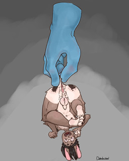 anthro big_butt blue_hand buckteeth butt dangling disembodied_hand fur genitals male markings micro penis simple_background small_penis solo spots spotted_body spotted_fur teeth upside_down databased 4:5 absurd_res hi_res