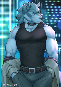 anthro belt biceps black_choker black_clothing black_collar black_jewelry black_necklace black_shirt black_tank_top black_topwear blue_body blue_eyes blue_fur bottomwear choker clothed clothing collar fur hand_in_pocket hands_in_both_pockets jacket jewelry looking_aside male muscular muscular_anthro muscular_male necklace pecs pockets shirt solo tank_top topwear white_body white_fur kokosetto brand_new_animal studio_trigger shirou_ogami canid canine canis mammal wolf 2021 hi_res