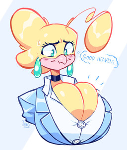 anthro beak big_breasts blonde_hair blue_clothing blue_suit_jacket blush breasts bulging_breasts button_(fastener) choker cleavage clothed clothing collared_shirt dress_shirt ear_piercing eyelashes feathers female hair huge_breasts jewelry necklace non-mammal_breasts piercing shirt solo teal_eyes text thought_bubble topwear white_clothing white_dress_shirt yellow_body yellow_feathers jamoart dee_(doodledox) avian bird canary finch oscine passerine 2023 bust_portrait hi_res portrait