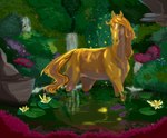 ambiguous_gender brown_eyes detailed_background facial_markings feral flower hair head_markings lily_pad looking_at_viewer markings partially_submerged plant reflection solo standing_in_water tail tan_body tan_hair tan_tail water waterfall aomamesbeast pearl_(wasen) equid equine horse mammal