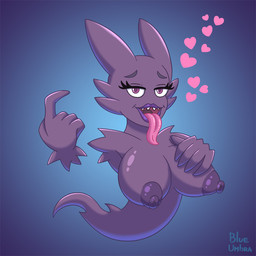 big_breasts breasts eyelashes fangs female floating floating_hands heart_symbol lipstick long_tongue looking_at_viewer makeup nipples not_furry purple_eyes simple_background solo teeth tongue tongue_out blueumbra nintendo pokemon generation_1_pokemon ghost haunter humanoid pokemon_(species) spirit 1:1 signature