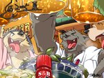 alcohol anthro beer beverage black_body black_fur brown_body brown_fur clothed clothing detailed_background eyes_closed food fur group kemono male shirt text tongue tongue_out topwear oguu0319 canid canine canis domestic_dog mammal 2005 4:3 japanese_text