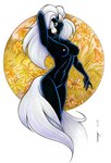 anthro black_body black_fur breasts brown_eyes female flower fur hair looking_at_viewer nipples nude plant solo white_body white_fur white_hair megan_giles mammal mephitid skunk striped_skunk 2011