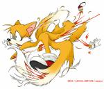 anthro attack_helicopter blood bodily_fluids dark_humor death dismemberment epic_fail fail gore male simple_background solo text white_background haison sega sonic_the_hedgehog_(series) miles_prower canid canine fox mammal 2004 english_text